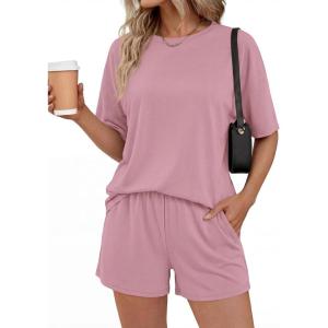 imageBTFBM 2 Piece Lounge Sets For Women 2026 Summer Airport Travel Vacation Outfits Loose Matching Clothing Spring Short SetPink