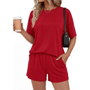 imageBTFBM 2 Piece Lounge Sets For Women 2026 Summer Airport Travel Vacation Outfits Loose Matching Clothing Spring Short SetRed