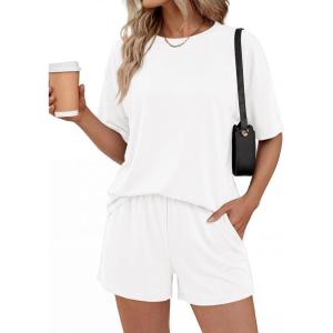 imageBTFBM 2 Piece Lounge Sets For Women 2026 Summer Airport Travel Vacation Outfits Loose Matching Clothing Spring Short SetWhite