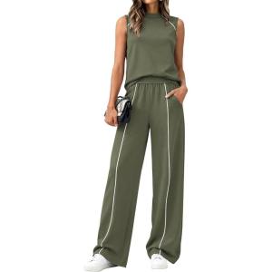 imageBTFBM Two Piece Sets for Women Summer Outfits 2026 Lounge Sets Mock Neck Tops Wide Leg Pants Travel Fashion ClothingArmy Green
