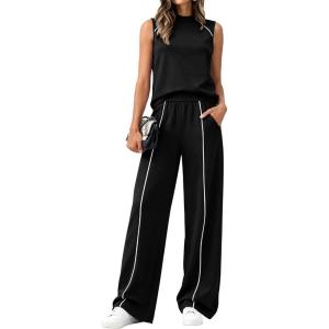 imageBTFBM Two Piece Sets for Women Summer Outfits 2026 Lounge Sets Mock Neck Tops Wide Leg Pants Travel Fashion ClothingBlack