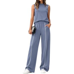 imageBTFBM Two Piece Sets for Women Summer Outfits 2026 Lounge Sets Mock Neck Tops Wide Leg Pants Travel Fashion ClothingGrey Blue