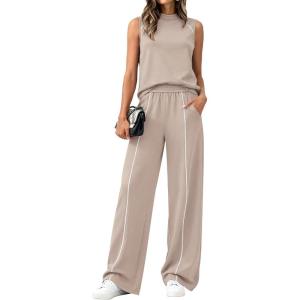 imageBTFBM Two Piece Sets for Women Summer Outfits 2026 Lounge Sets Mock Neck Tops Wide Leg Pants Travel Fashion ClothingKhaki