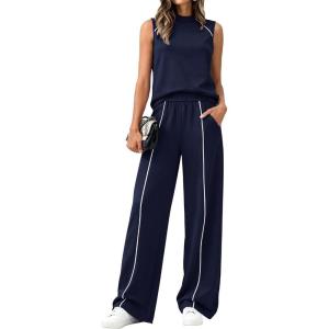 imageBTFBM Two Piece Sets for Women Summer Outfits 2026 Lounge Sets Mock Neck Tops Wide Leg Pants Travel Fashion ClothingNavy Blue