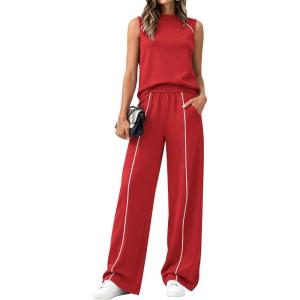 imageBTFBM Two Piece Sets for Women Summer Outfits 2026 Lounge Sets Mock Neck Tops Wide Leg Pants Travel Fashion ClothingRed