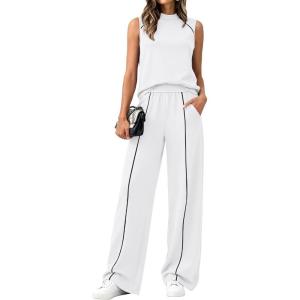 imageBTFBM Two Piece Sets for Women Summer Outfits 2026 Lounge Sets Mock Neck Tops Wide Leg Pants Travel Fashion ClothingWhite