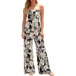 imageBTFBM Jumpsuits For Women Casual 2026 Floral Strapless Jumpsuit Wide Leg Rompers Beach Vacation Clothes Summer OutfitsFloral Black Beige