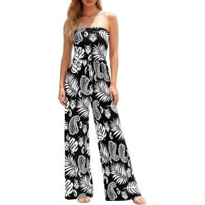 imageBTFBM Jumpsuits For Women Casual 2026 Floral Strapless Jumpsuit Wide Leg Rompers Beach Vacation Clothes Summer OutfitsFloral Black White