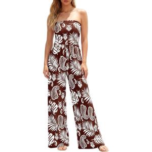 imageBTFBM Jumpsuits For Women Casual 2026 Floral Strapless Jumpsuit Wide Leg Rompers Beach Vacation Clothes Summer OutfitsFloral Brown White