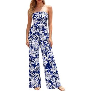imageBTFBM Jumpsuits For Women Casual 2026 Floral Strapless Jumpsuit Wide Leg Rompers Beach Vacation Clothes Summer OutfitsFloral Dark Blue White