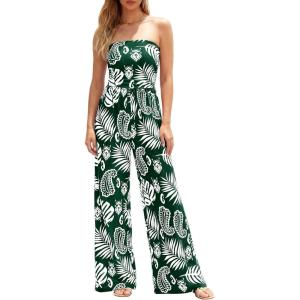 imageBTFBM Jumpsuits For Women Casual 2026 Floral Strapless Jumpsuit Wide Leg Rompers Beach Vacation Clothes Summer OutfitsFloral Dark Green White