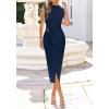 imageBTFBM Dresses for Women 2026 Summer Clothes Formal Bodycon Mock Neck Cap Sleeve Midi Party Cocktail Wedding Guest DressNavy Blue