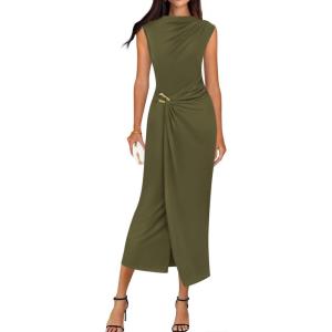 imageBTFBM Dresses for Women 2026 Summer Clothes Formal Bodycon Mock Neck Cap Sleeve Midi Party Cocktail Wedding Guest DressArmy Green