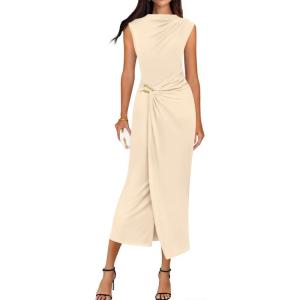 imageBTFBM Dresses for Women 2026 Summer Clothes Formal Bodycon Mock Neck Cap Sleeve Midi Party Cocktail Wedding Guest DressBeige