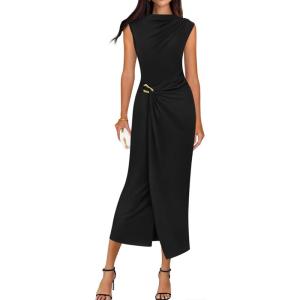 imageBTFBM Dresses for Women 2026 Summer Clothes Formal Bodycon Mock Neck Cap Sleeve Midi Party Cocktail Wedding Guest DressBlack