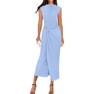 imageBTFBM Dresses for Women 2026 Summer Clothes Formal Bodycon Mock Neck Cap Sleeve Midi Party Cocktail Wedding Guest DressLight Blue