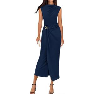 imageBTFBM Dresses for Women 2026 Summer Clothes Formal Bodycon Mock Neck Cap Sleeve Midi Party Cocktail Wedding Guest DressNavy Blue