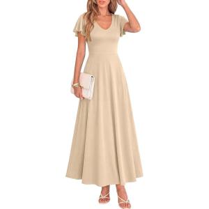 imageBTFBM Formal Dresses for Women Summer Outfits V Neck Ruffle Sleeve A Line Maxi Elegant Cocktail Wedding Guest Dress 2026Apricot