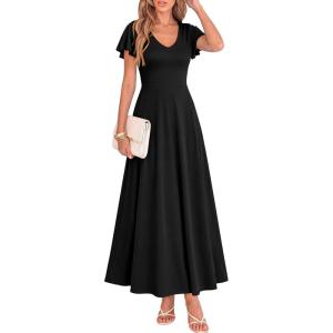 imageBTFBM Formal Dresses for Women Summer Outfits V Neck Ruffle Sleeve A Line Maxi Elegant Cocktail Wedding Guest Dress 2026Black