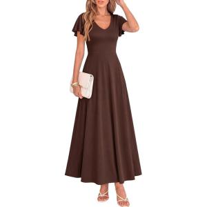 imageBTFBM Formal Dresses for Women Summer Outfits V Neck Ruffle Sleeve A Line Maxi Elegant Cocktail Wedding Guest Dress 2026Brown