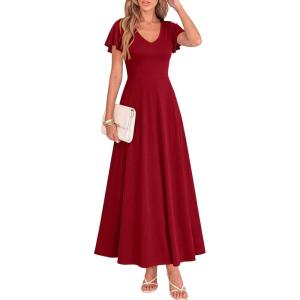 imageBTFBM Formal Dresses for Women Summer Outfits V Neck Ruffle Sleeve A Line Maxi Elegant Cocktail Wedding Guest Dress 2026Burgundy