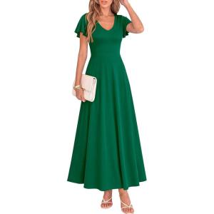 imageBTFBM Formal Dresses for Women Summer Outfits V Neck Ruffle Sleeve A Line Maxi Elegant Cocktail Wedding Guest Dress 2026Green