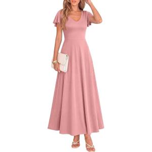 imageBTFBM Formal Dresses for Women Summer Outfits V Neck Ruffle Sleeve A Line Maxi Elegant Cocktail Wedding Guest Dress 2026Pink