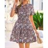 imageBTFBM Summer Mini Dresses for Women 2026 Ruffle Short Sleeve Elastic Waist Floral Beach Vacation Wedding Guest DressBrown Blue White
