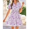 imageBTFBM Summer Mini Dresses for Women 2026 Ruffle Short Sleeve Elastic Waist Floral Beach Vacation Wedding Guest DressFloral White Purple