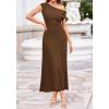 imageBTFBM Womens Summer Dresses 2026 Asymmetrical Neck Short Sleeve Pleated Knit Spring Sweater Midi Dress Business CasualBrown