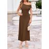 imageBTFBM Womens Summer Dresses 2026 Asymmetrical Neck Short Sleeve Pleated Knit Spring Sweater Midi Dress Business CasualBrown