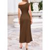 imageBTFBM Womens Summer Dresses 2026 Asymmetrical Neck Short Sleeve Pleated Knit Spring Sweater Midi Dress Business CasualBrown