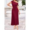 imageBTFBM Womens Summer Dresses 2026 Asymmetrical Neck Short Sleeve Pleated Knit Spring Sweater Midi Dress Business CasualBurgundy
