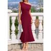 imageBTFBM Womens Summer Dresses 2026 Asymmetrical Neck Short Sleeve Pleated Knit Spring Sweater Midi Dress Business CasualBurgundy