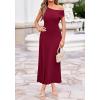 imageBTFBM Womens Summer Dresses 2026 Asymmetrical Neck Short Sleeve Pleated Knit Spring Sweater Midi Dress Business CasualBurgundy