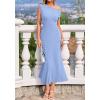 imageBTFBM Womens Summer Dresses 2026 Asymmetrical Neck Short Sleeve Pleated Knit Spring Sweater Midi Dress Business CasualLight Blue