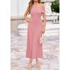 imageBTFBM Womens Summer Dresses 2026 Asymmetrical Neck Short Sleeve Pleated Knit Spring Sweater Midi Dress Business CasualPink
