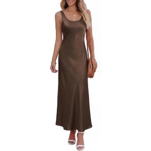 imageBTFBM Satin Dress Sleeveless Scoop Neck Summer Dresses for Women Elegant 2026 Loose Party Sundresses Fashion ClothingBrown