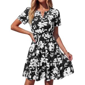 imageBTFBM Summer Dresses for Women 2026 Lightweight Casual Short Sleeve Floral Mini Dress A Line Beach Vacation SundressBlack White Flower