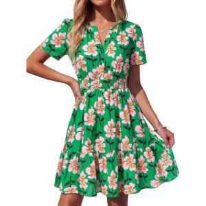 imageBTFBM Summer Dresses for Women 2026 Lightweight Casual Short Sleeve Floral Mini Dress A Line Beach Vacation SundressGreen Pink Flower