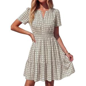 imageBTFBM Summer Dresses for Women 2026 Lightweight Casual Short Sleeve Floral Mini Dress A Line Beach Vacation SundressLight Khaki