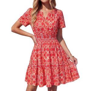 imageBTFBM Summer Dresses for Women 2026 Lightweight Casual Short Sleeve Floral Mini Dress A Line Beach Vacation SundressRed