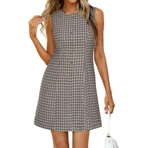 imageBTFBM Summer Dresses for Women 2026 Plaid Sleeveless Zip Up A Line Mini Dress Business Casual Vacation Gingham SundressBlack Grey