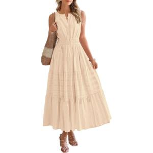 imageBTFBM Summer Dresses for Women 2026 Sleeveless Boho V Neck A Line Flowy Spring Casual Maxi Dress Beach Vacation PocketsApricot