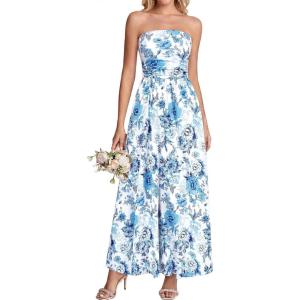 imageBTFBM Summer Maxi Dresses for Women 2026 Strapless Tube Top Floral Spring Wedding Guest Dress Beach Vacation OutfitsWhite Blue Flower