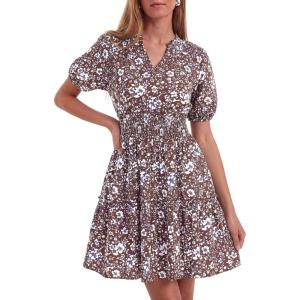 imageBTFBM Summer Mini Dresses for Women 2026 Ruffle Short Sleeve Elastic Waist Floral Beach Vacation Wedding Guest DressBrown Blue White
