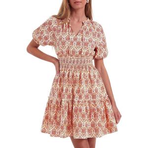 imageBTFBM Summer Mini Dresses for Women 2026 Ruffle Short Sleeve Elastic Waist Floral Beach Vacation Wedding Guest DressFloral Apricot Red