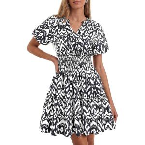 imageBTFBM Summer Mini Dresses for Women 2026 Ruffle Short Sleeve Elastic Waist Floral Beach Vacation Wedding Guest DressFloral Black