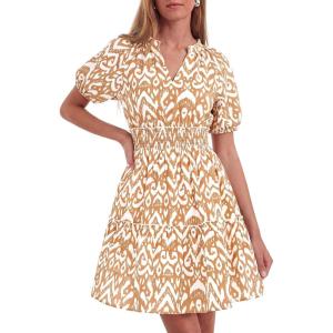 imageBTFBM Summer Mini Dresses for Women 2026 Ruffle Short Sleeve Elastic Waist Floral Beach Vacation Wedding Guest DressFloral Khaki