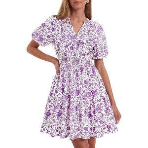 imageBTFBM Summer Mini Dresses for Women 2026 Ruffle Short Sleeve Elastic Waist Floral Beach Vacation Wedding Guest DressFloral White Purple
